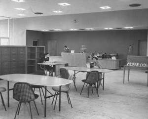 Reading area, looking east to circulation desk, 1954 Reading area, looking east to circulation desk, 1954