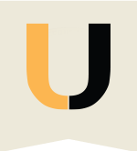 University High School. Image of an orange (left) and brown (right) shaded letter "U". 