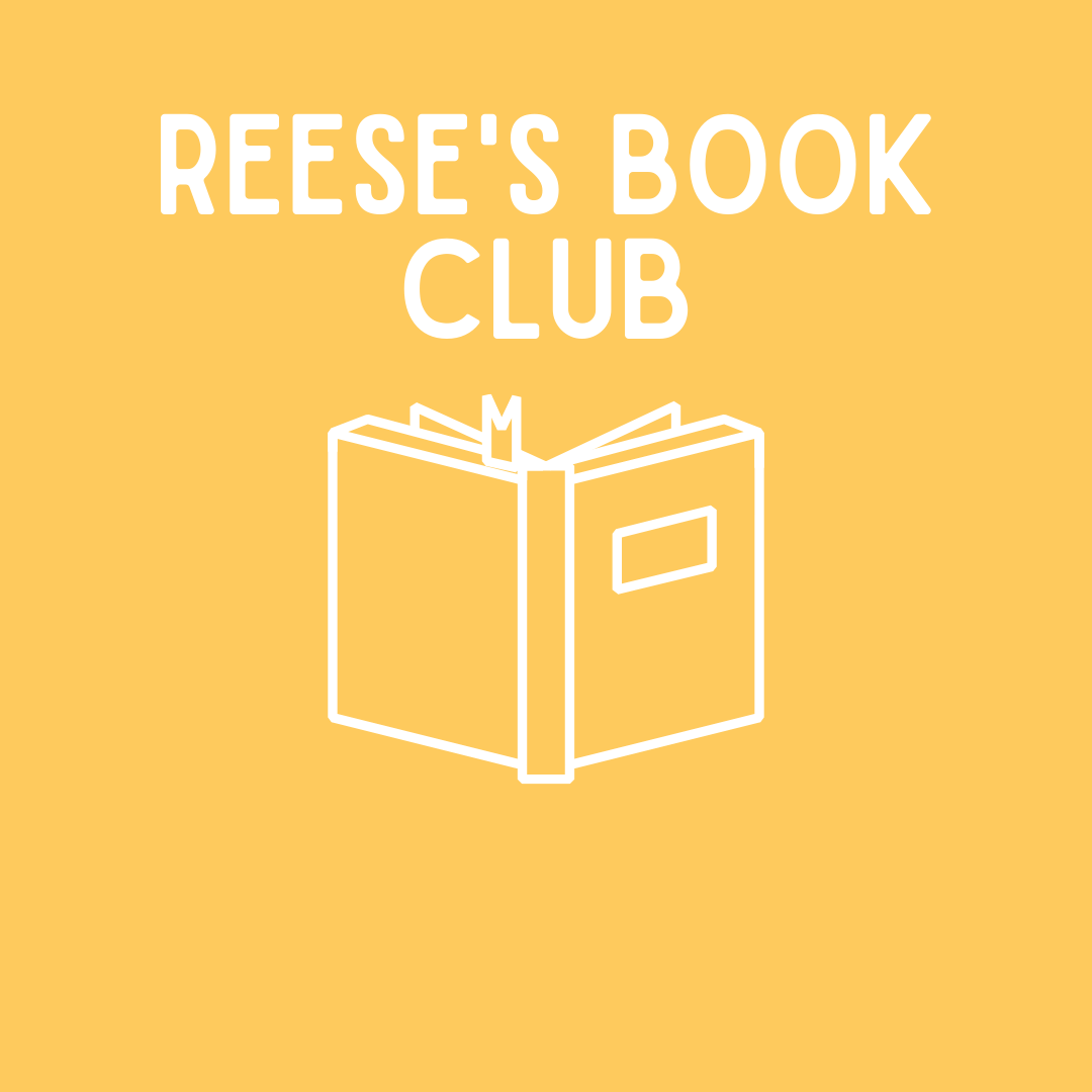 yellow square, white writing, Reese's Book Club 